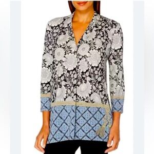 NWT Black Cream Blue Tunic blouse 3/4 Sleeves V Neckline Womens Sz XL